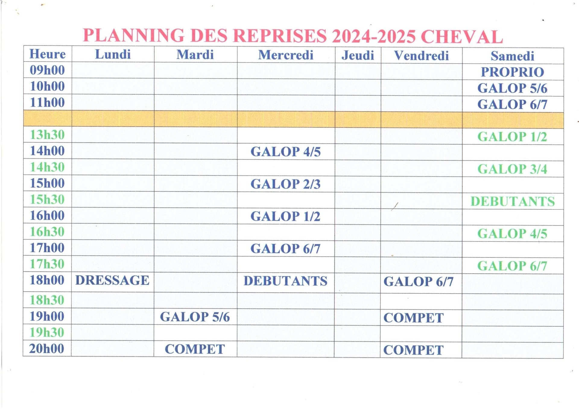 Planning des reprises cheval 2024 2025