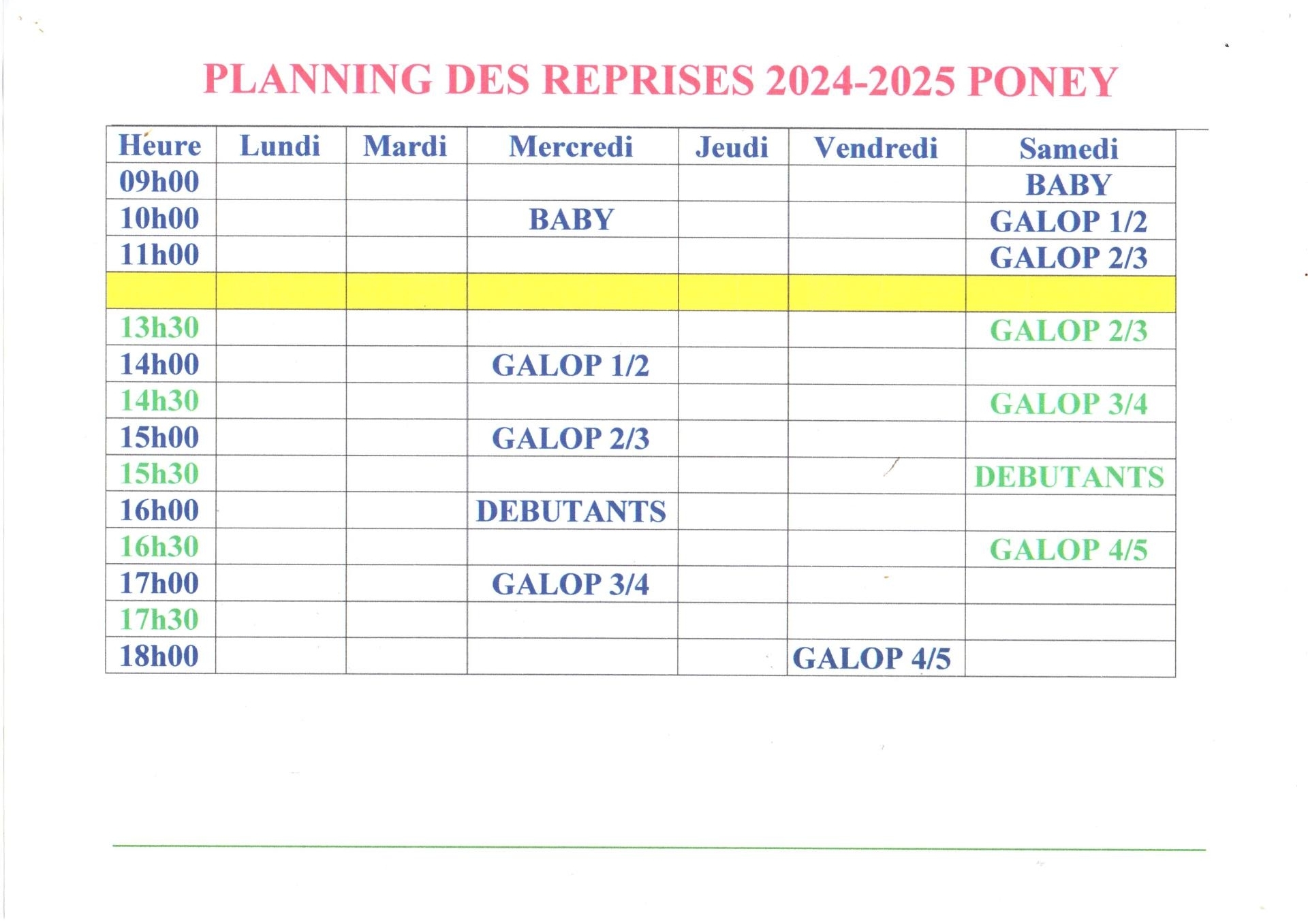 Planning des reprises poney 2024 2026